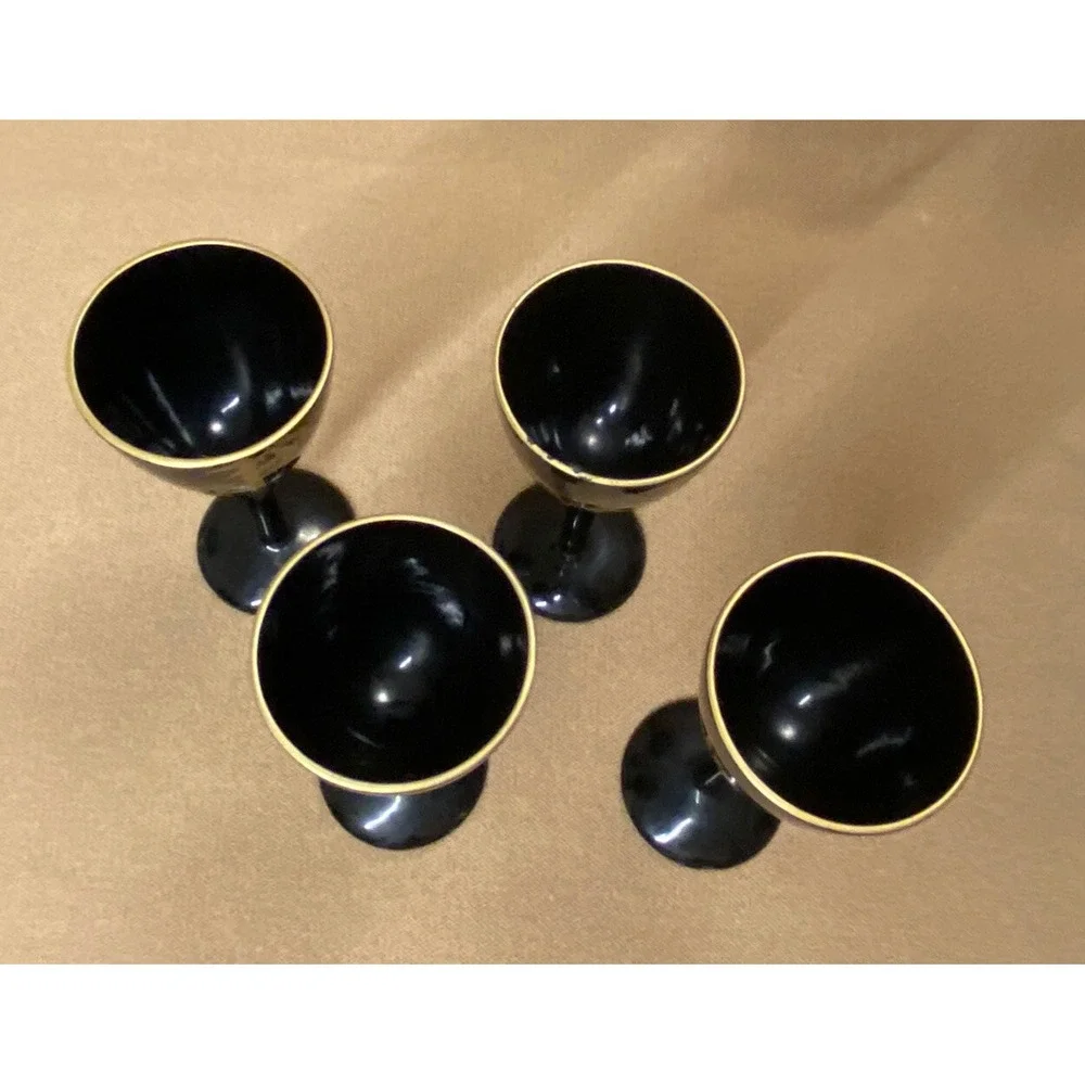 Set 4 Vtg Japan Sake Shot Bamboo Tree GoldPainted On BLACK LACQUER WOOD Stemware
